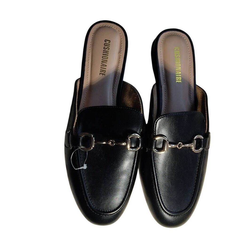 Gold Horse Bit Leather Slide Shoes Women's Black Size 8.5 Cushionaire NWOT Yoga